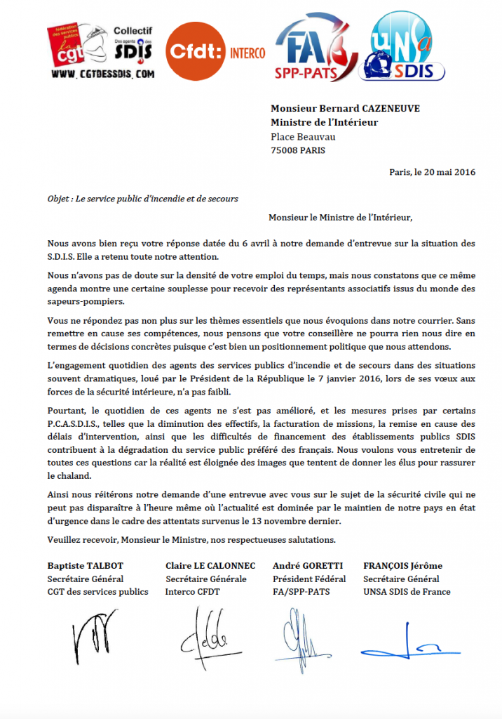 Courrier commun des organisations syndicales représentatives au ministre de l'Intérieur - 20 mai 2016