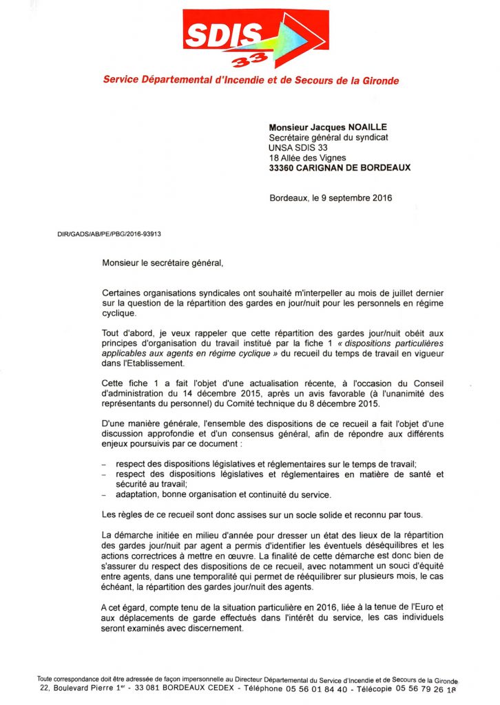 Réponse du Directeur à notre courrier du 26 juillet 2016 au sujet de la répartition des gardes jours/nuits - PAGE 1